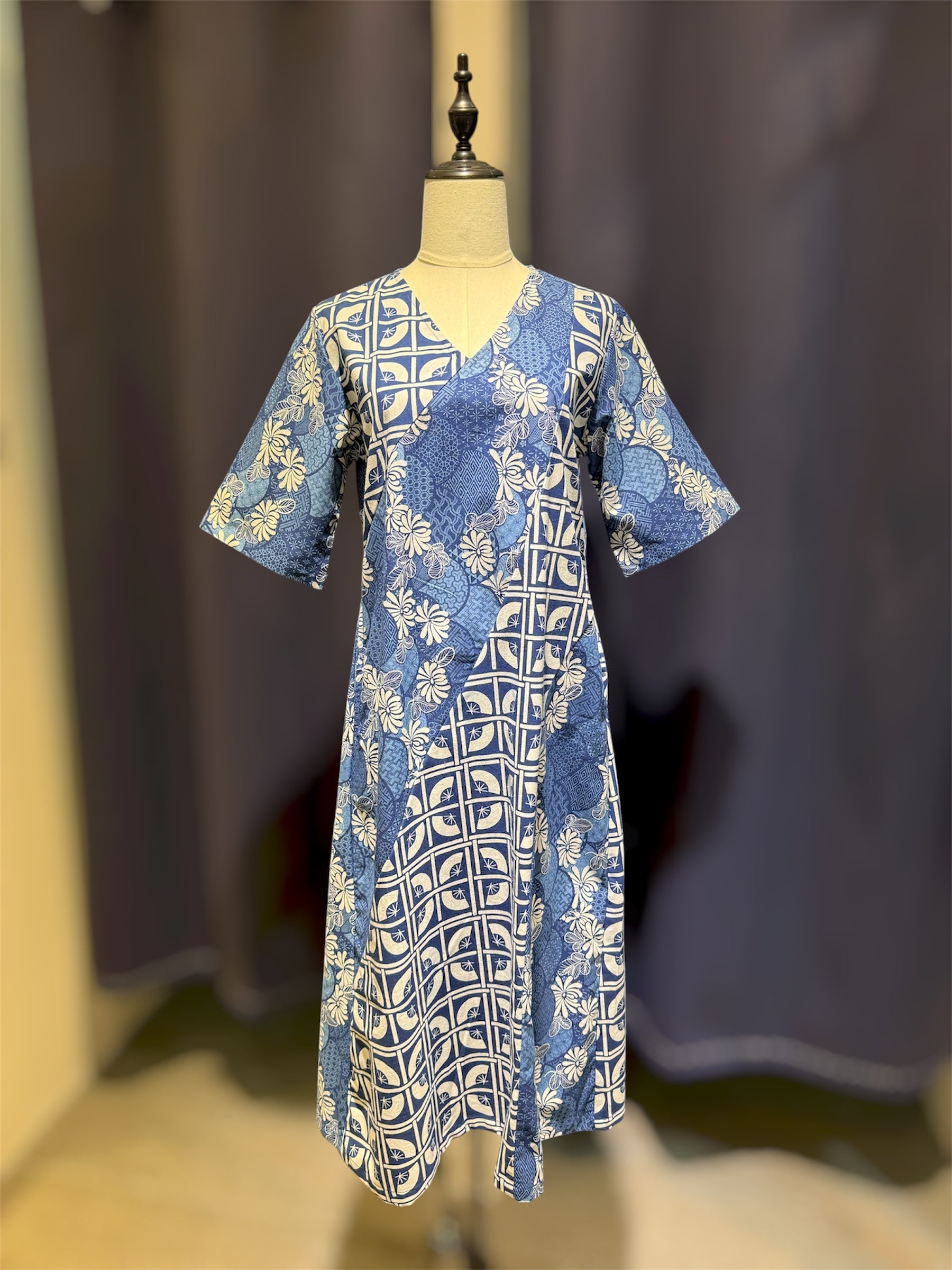 dress batik modern simple T104719- Indigo V Neck Dress – ZotelierSG